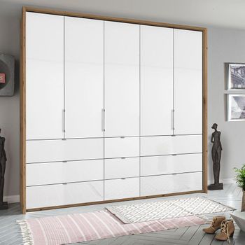 Erimo Artisan Oak and Crystal White Glass 254cm 5 Door 9 Drawer Wardrobe
