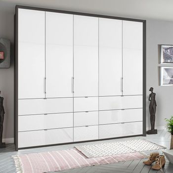 Erimo Graphite and Crystal White Glass 254cm 5 Door 9 Drawer Wardrobe
