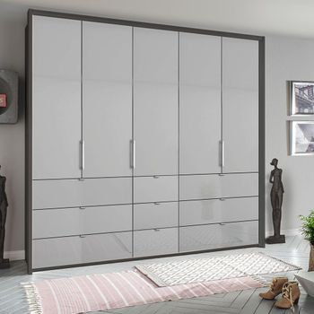 Erimo Graphite and Silk Grey Glass 254cm 5 Door 9 Drawer Wardrobe