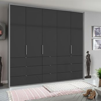 Erimo Silk Grey and Basalt Glass 254cm 5 Door 9 Drawer Wardrobe