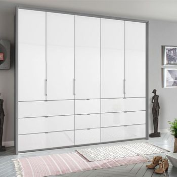 Erimo Silk Grey and Crystal White Glass 254cm 5 Door 9 Drawer Wardrobe