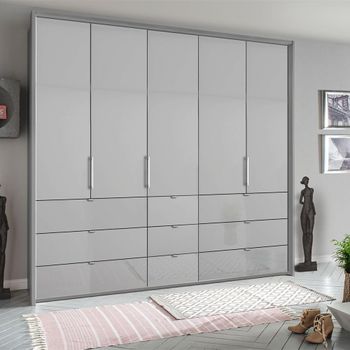 Erimo Silk Grey and Silk Grey Glass 254cm 5 Door 9 Drawer Wardrobe