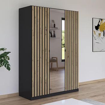 Genua Mirror Metallic Dark Grey with Artisan Oak 136cm 3 Door Wardrobe