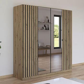 Genua Mirror Artisan Oak and Metallic Dark Grey 181cm 4 Door Wardrobe