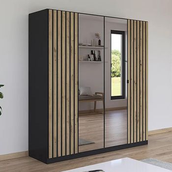 Genua Mirror Metallic Dark Grey with Artisan Oak 181cm 4 Door Wardrobe