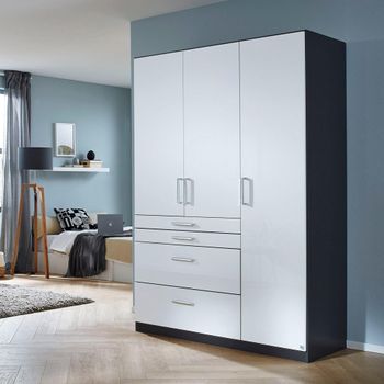 Homburg Metallic Dark Grey and High Gloss White 136cm 3 Door 4 Drawer Wardrobe