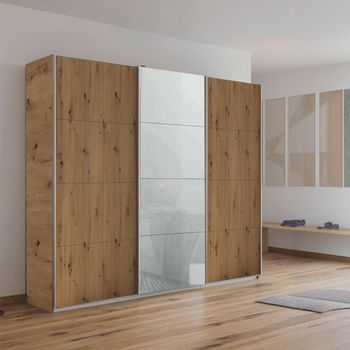 Kulmbach Artisan Oak and Silk Grey Glass Front 203cm 3 Door Sliding Wardrobe