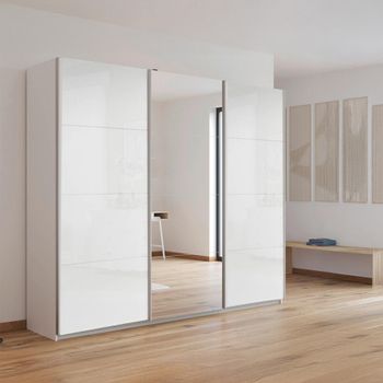 Kulmbach Sliding Mirror Alpine White and White High Gloss 203cm 3 Door Wardrobe