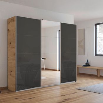 Kulmbach Sliding Mirror Artisan Oak and Basalt Glass 203cm 3 Door Wardrobe