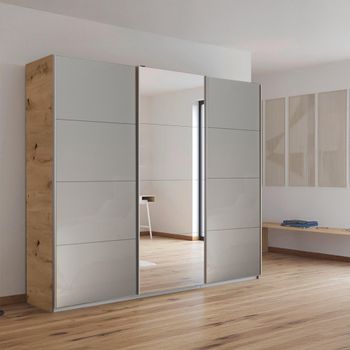 Kulmbach Sliding Mirror Artisan Oak and Grey High Gloss 203cm 3 Door Wardrobe
