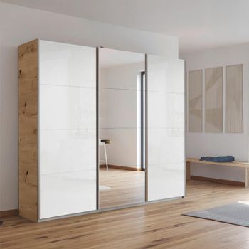 Kulmbach Sliding Mirror Artisan Oak and White High Gloss 203cm 3 Door Wardrobe