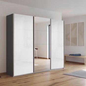 Kulmbach Sliding Mirror Metallic Dark Grey and White High Gloss 203cm 3 Door Wardrobe