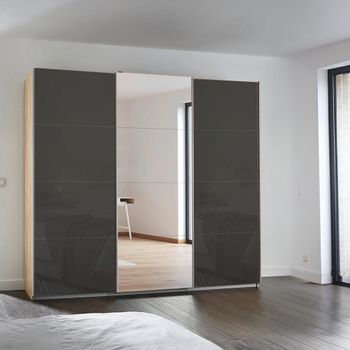 Kulmbach Sliding Mirror Sonoma Oak and Basalt Glass 203cm 3 Door Wardrobe