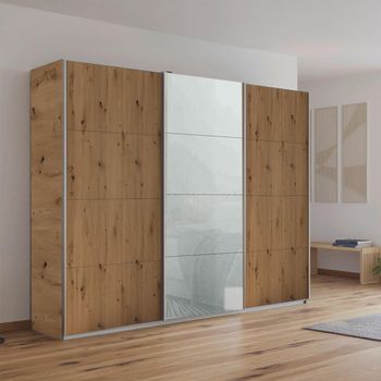 Kulmbach Artisan Oak and Silk Grey Glass Front 271cm 3 Door Sliding Wardrobe