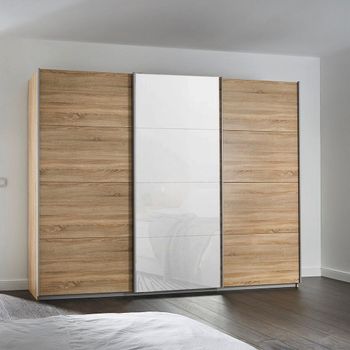 Kulmbach Sonoma Oak and White Glass Front 271cm 3 Door Sliding Wardrobe