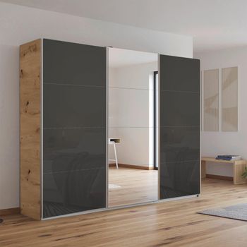 Kulmbach Sliding Mirror Artisan Oak and Basalt Glass 271cm 3 Door Wardrobe