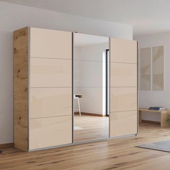 Kulmbach Sliding Mirror Artisan Oak and Champagne Glass 271cm 3 Door Wardrobe
