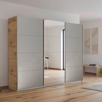 Kulmbach Sliding Mirror Artisan Oak and Grey High Gloss 271cm 3 Door Wardrobe