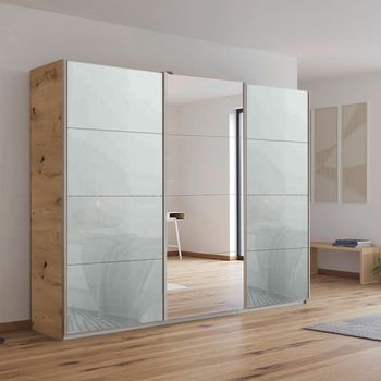Kulmbach Sliding Mirror Artisan Oak and Silk Grey Glass 271cm 3 Door Wardrobe