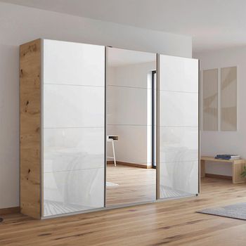 Kulmbach Sliding Mirror Artisan Oak and White Glass 271cm 3 Door Wardrobe