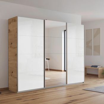 Kulmbach Sliding Mirror Artisan Oak and White High Gloss 271cm 3 Door Wardrobe