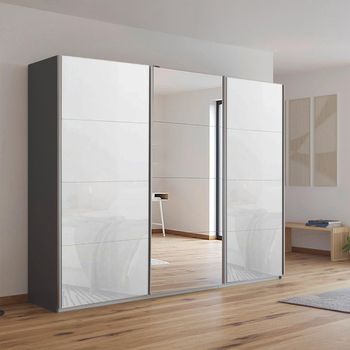 Kulmbach Sliding Mirror Metallic Dark Grey and White Glass 271cm 3 Door Wardrobe