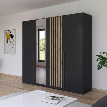 Lamella Mirror Metallic Dark Grey and Artisan Oak 226cm 4 Door Wardrobe