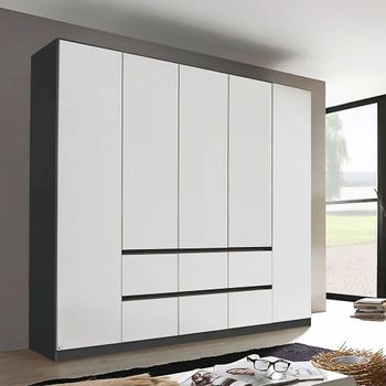 Mainz Metallic Dark Grey and Alpine White 226cm 5 Door 6 Drawer Wardrobe