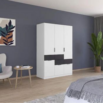 Mats Alpine White and Metallic Dark Grey 136cm 4 Door 6 Drawer Wardrobe