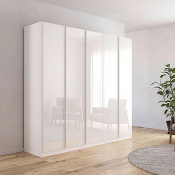 Monostar Alpine White and White Glass 226cm 5 Door Wardrobe with Extras