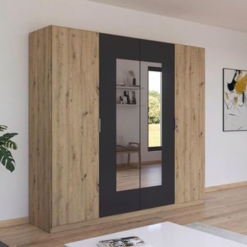 Monza Artisan Oak and Metallic Dark Grey 226cm 4 Door Mirror Wardrobe
