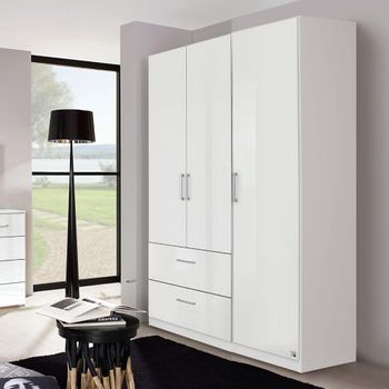 Morella Alpine White and White High Gloss 136cm 3 Door 2 Drawer Wardrobe