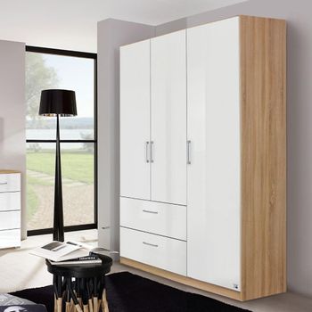 Morella Sonoma Oak and White High Gloss 136cm 3 Door 2 Drawer Wardrobe