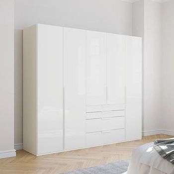 Purisma Alpine White and Crystal White Glass 251cm 5 Door 4 Drawer Wardrobe