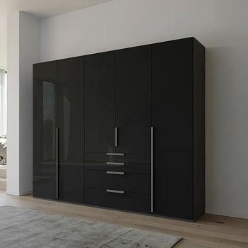 Purisma Graphite and Basalt Glass 251cm 5 Door 4 Drawer Wardrobe