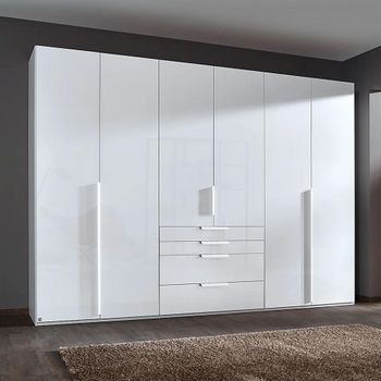 Purisma Alpine White and Crystal White Glass 301cm 6 Door 4 Drawer Wardrobe