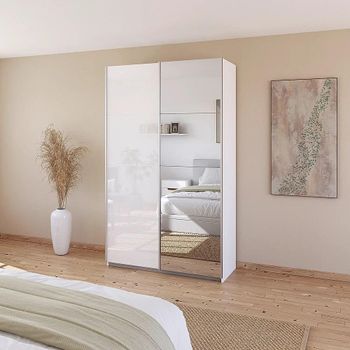 Quadra Alpine White and High Gloss White 136cm 2 Door Mirror Sliding Wardrobe