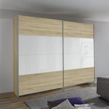 Quadra Sonoma Oak and White Glass 226cm 2 Door Sliding Wardrobe with Extras