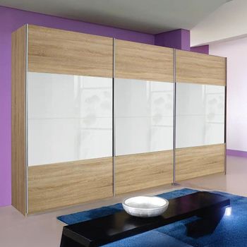 Quadra Sonoma Oak and White Glass 315cm 3 Door Sliding Wardrobe
