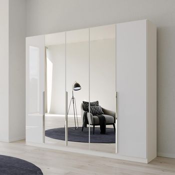 Quadra Spin Alpine White and High Gloss White 226cm 5 Door Mirror Wardrobe