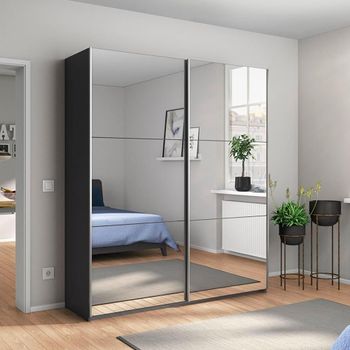 Reflect Metallic Dark Grey Mirrored 175cm 2 Door Sliding Wardrobe with Interior Division