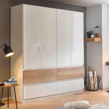 Winnipeg High Gloss Alpine White and Halifax Oak 181cm 4 Door Wardrobe