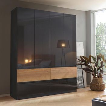 Winnipeg High Gloss Metallic Dark Grey and Halifax Oak 181cm 4 Door Wardrobe