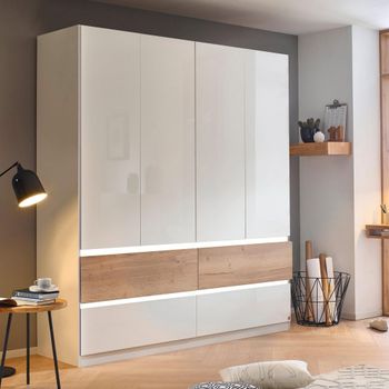 Winnipeg High Gloss Alpine White and Halifax Oak 181cm 4 Door Wardrobe with Lighting