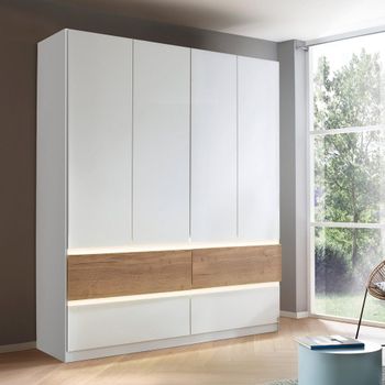Winnipeg Alpine White and Halifax Oak 181cm 4 Door Wardrobe with Lighting