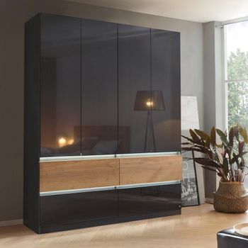 Winnipeg High Gloss Metallic Dark Grey and Halifax Oak 181cm 4 Door Wardrobe with Lighting