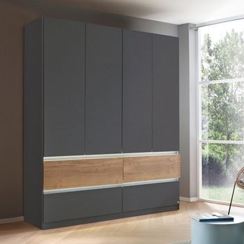 Winnipeg Metallic Dark Grey and Halifax Oak 181cm 4 Door Wardrobe with Lighting