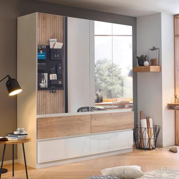 Winnipeg High Gloss Alpine White and Halifax Oak 181cm 4 Door Mirror Wardrobe