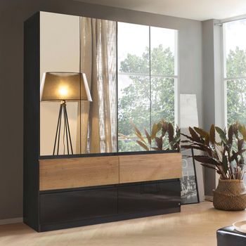 Winnipeg High Gloss Metallic Dark Grey and Halifax Oak 181cm 4 Door Mirror Wardrobe