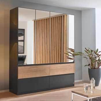 Winnipeg Metallic Dark Grey and Halifax Oak 181cm 4 Door Mirror Wardrobe